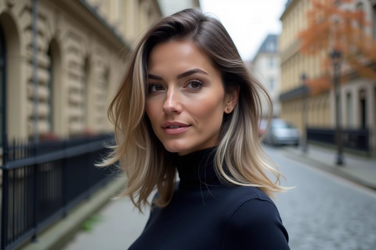 Femme brune aux mèches blondes très contrastées en plein air en ville, look audacieux et affirmé