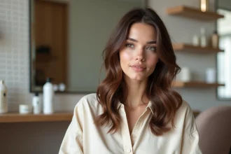 Femme brune aux mèches caramel discrètes assise dans un salon de coiffure moderne, effet naturel et subtil