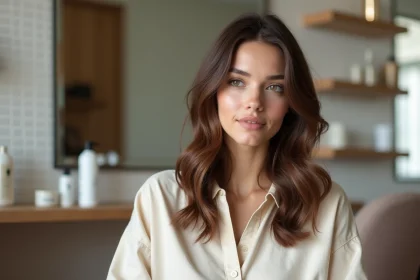 Femme brune aux mèches caramel discrètes assise dans un salon de coiffure moderne, effet naturel et subtil
