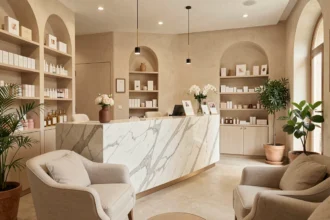 Intérieur élégant d'un institut de beauté à Marseille avec accueil en marbre et décor soigné