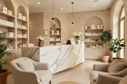 Intérieur élégant d'un institut de beauté à Marseille avec accueil en marbre et décor soigné