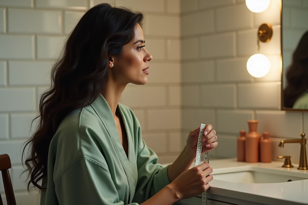 Femme mesurant la longueur de ses cheveux avec un mètre ruban pour suivre la croissance capillaire mensuelle