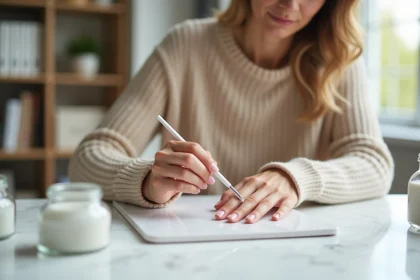 Femme appliquant un produit d'ongle en porcelaine à domicile sur un bureau blanc élégant