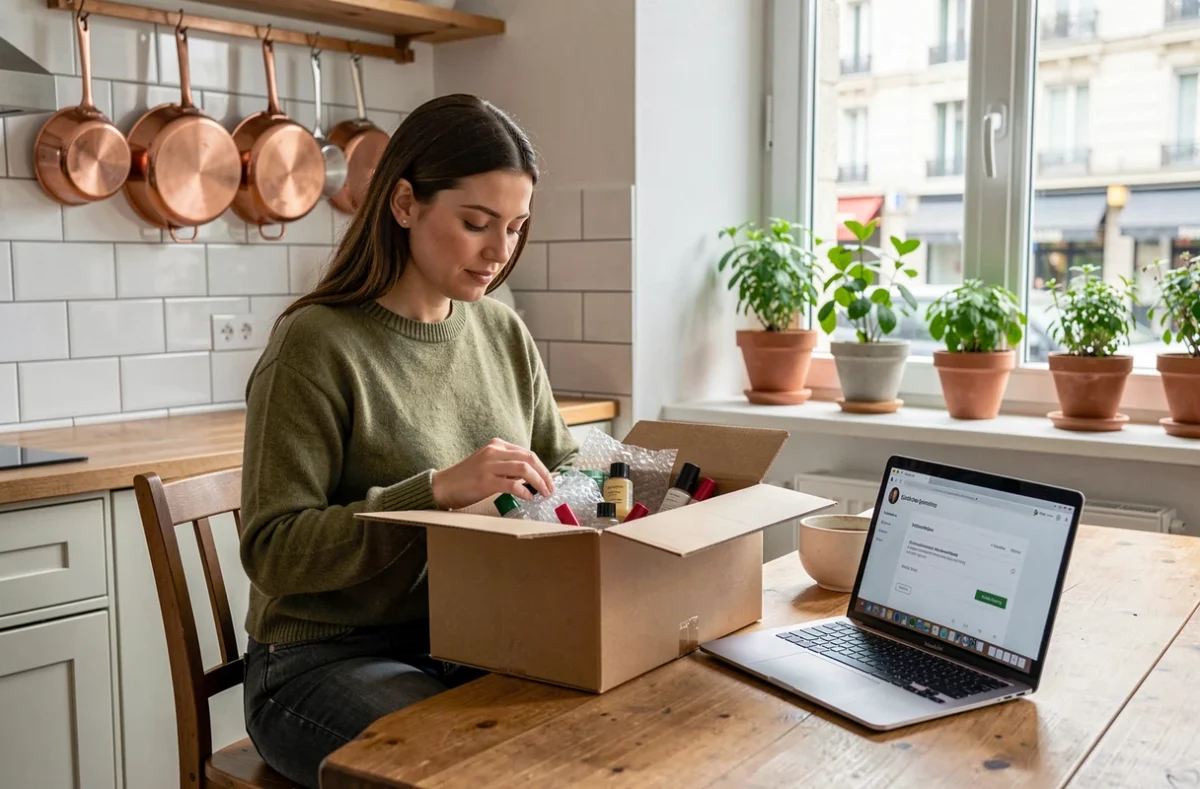 Femme ouvrant une commande de cosmétiques Primor sur une table de cuisine, vérification des produits reçus