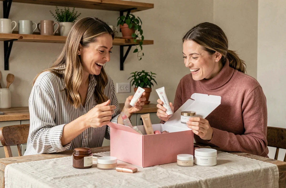 Deux amies partageant et comparant les produits de leur box beauté Ma Boîte à Beauté autour d'une table en bois dans une cuisine chaleureuse