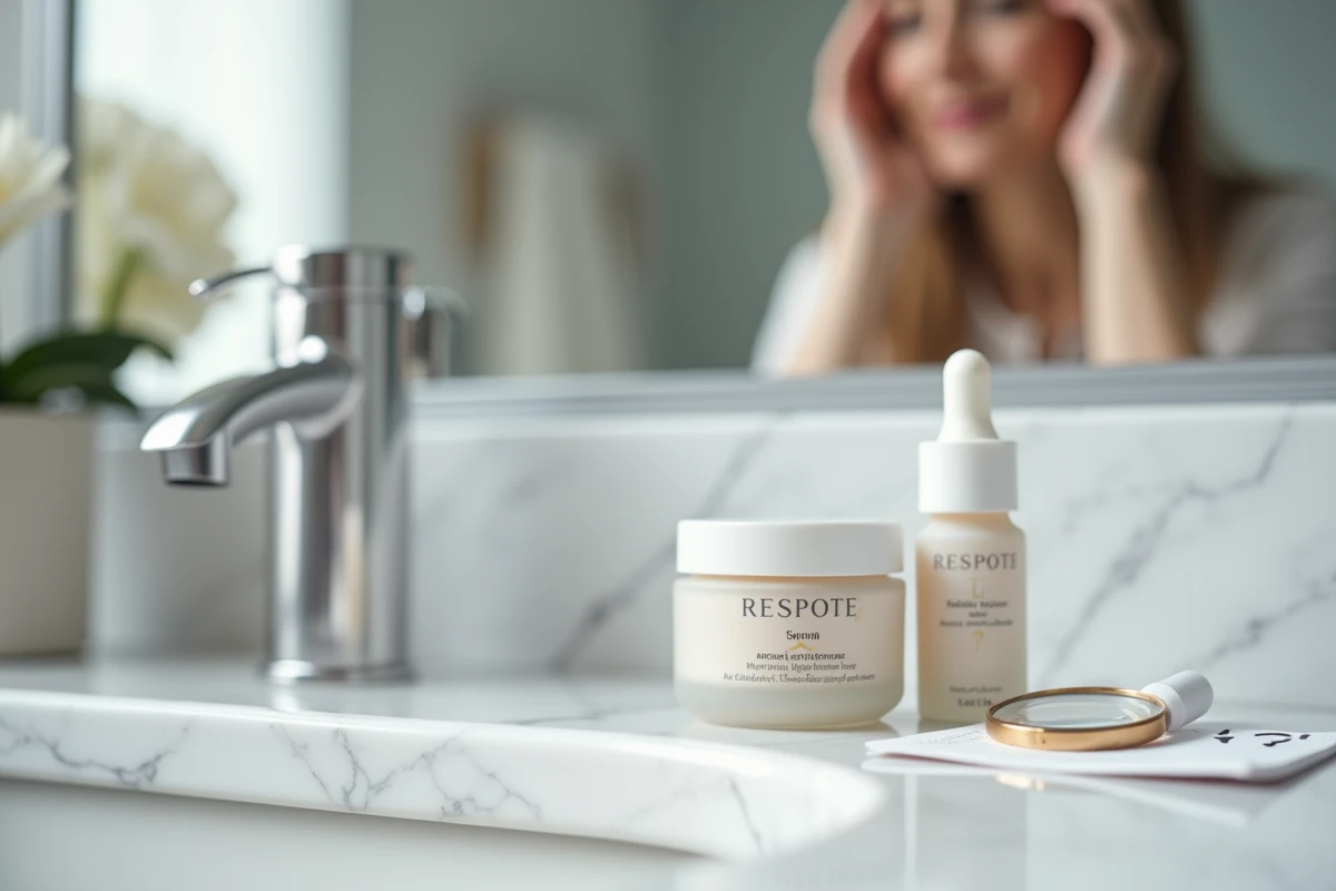 Produit de soin Nuvaskin posé sur un comptoir de salle de bain avec une loupe et des notes de doute sur son efficacité