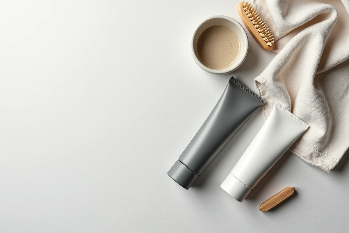 Mise en scène éditoriale de produits dépilatoires pour homme sur fond blanc minimaliste