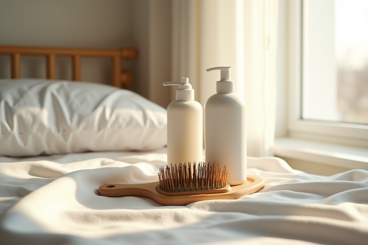 Produits de soin capillaire et brosse en bois sur une table de nuit