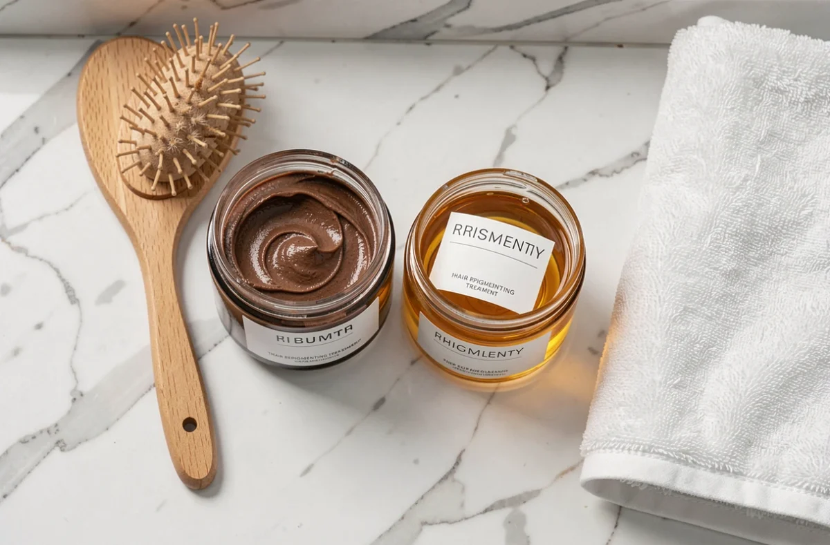 Produits de soin repigmentant pour cheveux en pots sur étagère en marbre avec brosse et serviette