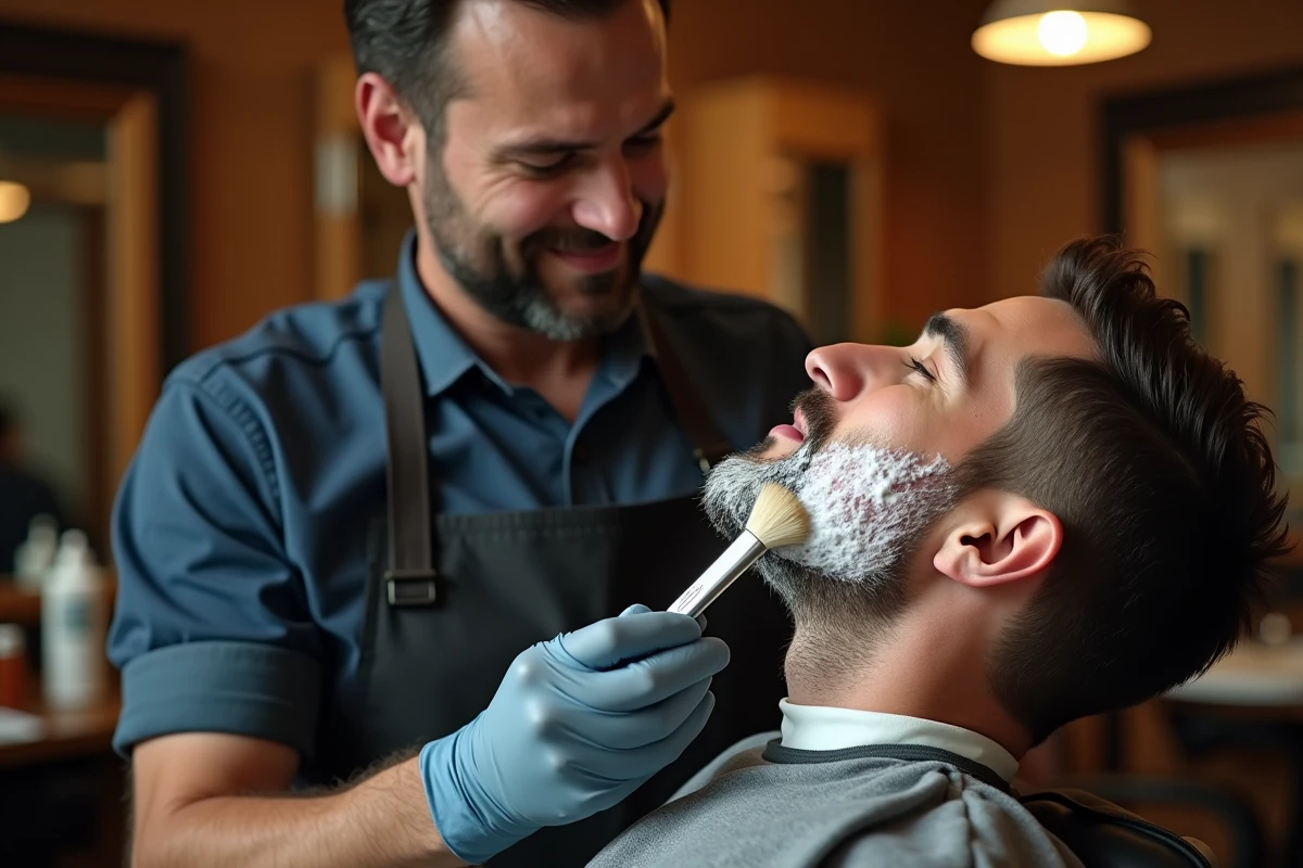 Barbier appliquant avec précaution de la mousse à raser sur la peau atopique et inflammatoire d'un client en portant des gants de protection
