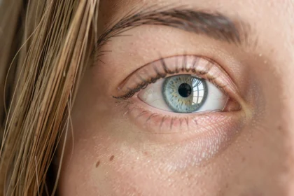Reflet d'une fenêtre dans l'œil d'une femme en lumière naturelle