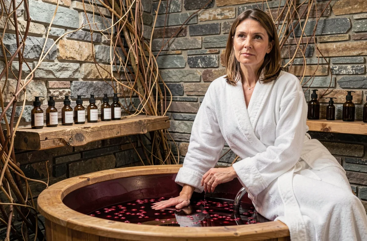Soin de vinothérapie avec baignoire aux extraits de raisin dans un cadre viticole au Richebourg Hotel & Spa à Vosne-Romanée