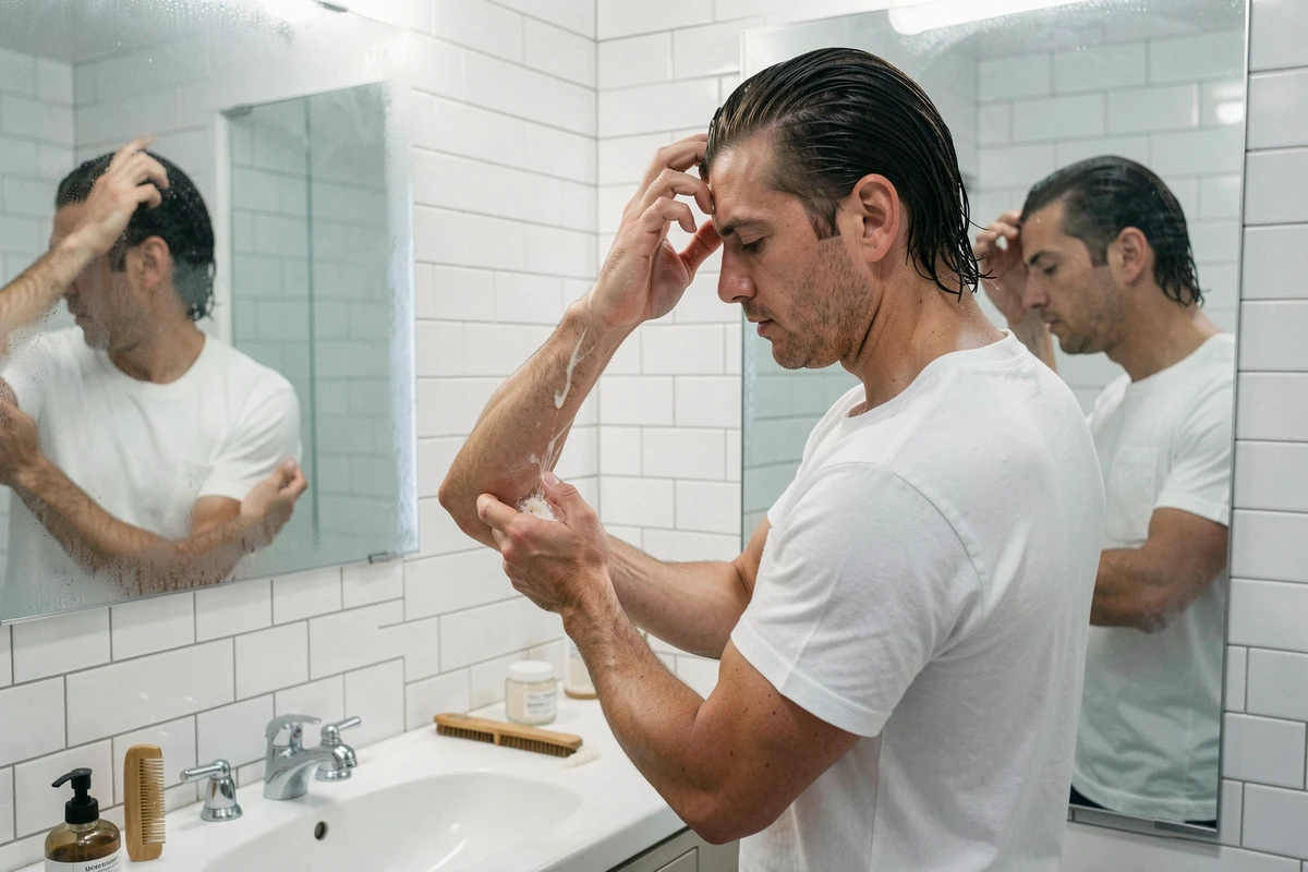Homme appliquant de la pommade sur ses cheveux pour un slick back dans une salle de bain minimaliste avec carrelage blanc