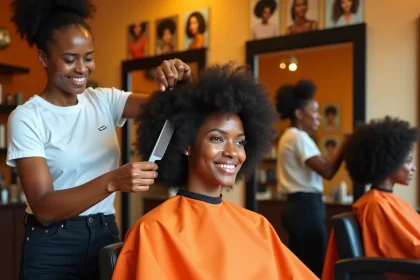 Femme noire aux cheveux afro naturels se faisant coiffer dans un salon professionnel ouvert le dimanche