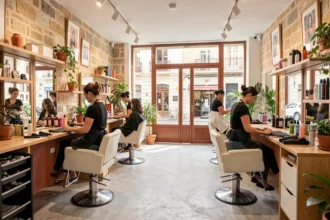 Vue intérieure d'un salon de coiffure animé à Marseille avec des coiffeurs au travail et une décoration méditerranéenne moderne