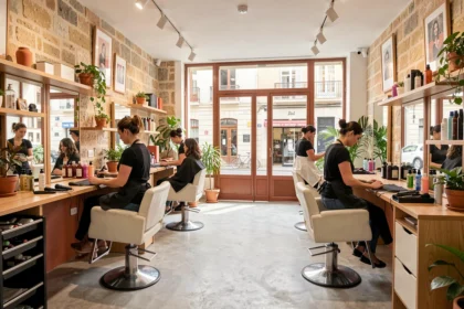 Vue intérieure d'un salon de coiffure animé à Marseille avec des coiffeurs au travail et une décoration méditerranéenne moderne