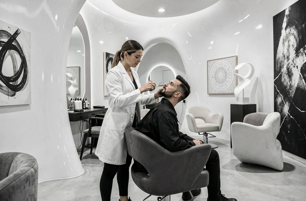 Coiffeuse du salon Sculpt à Marseille réalisant une coupe architecturale précise dans un espace au design sculptural et avant-gardiste