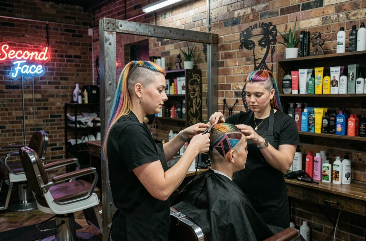 Coiffeuse au style avant-gardiste du salon Second Face à Marseille réalisant une coupe géométrique audacieuse sur un client