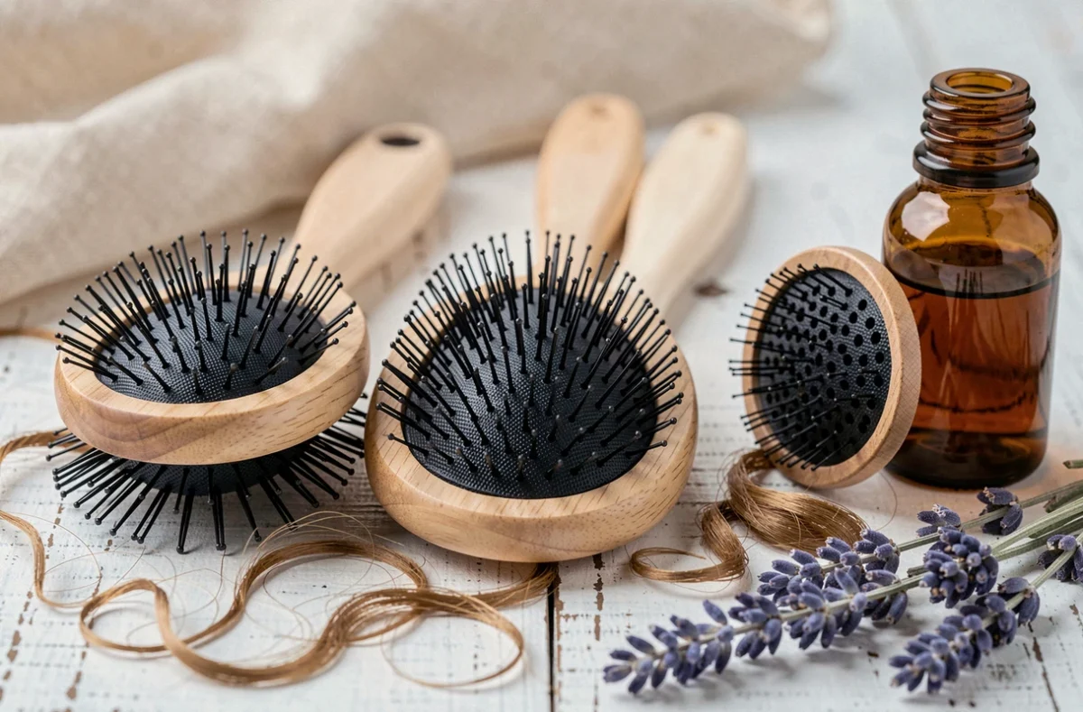 Sélection de brosses pour cheveux ondulés présentées sur une surface en bois blanc avec une bouteille d'huile capillaire et de la lavande séchée