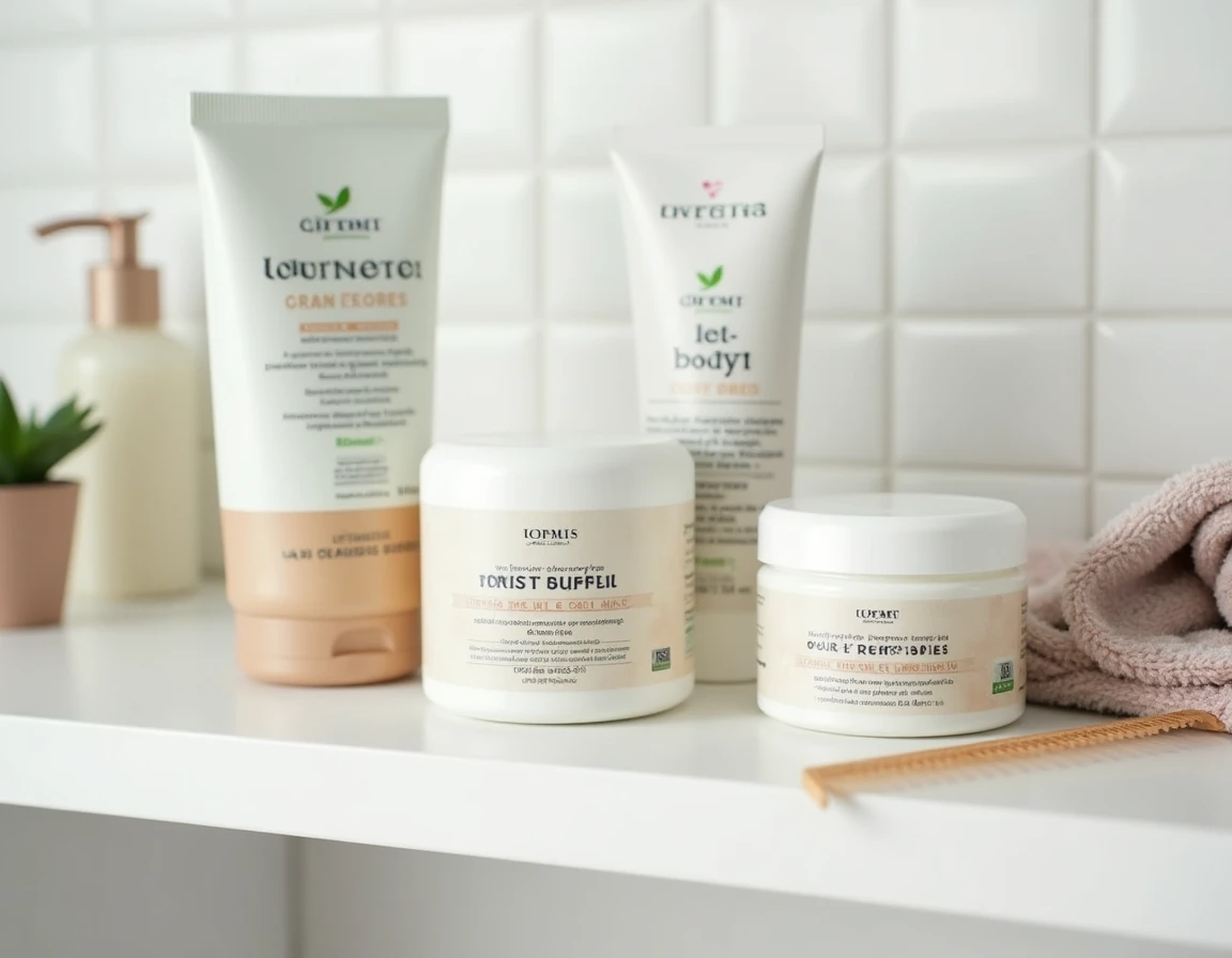 Sélection de crèmes coiffantes pour cheveux bouclés à petit prix disposées sur une étagère de salle de bain