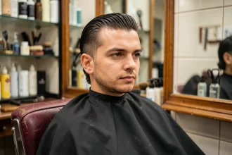 Homme avec un slick back parfaitement coiffé assis dans un fauteuil de barbier classique, reflet dans un miroir vintage en bois