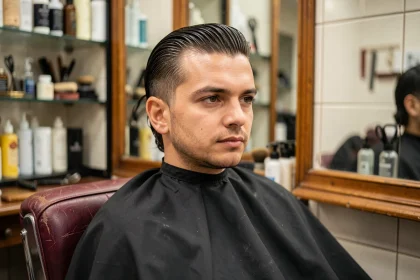 Homme avec un slick back parfaitement coiffé assis dans un fauteuil de barbier classique, reflet dans un miroir vintage en bois