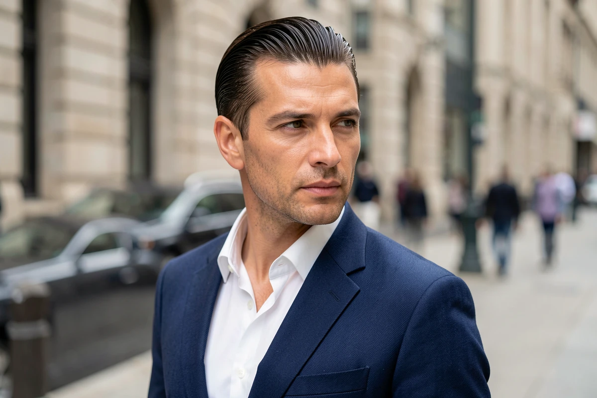 Homme élégant en costume bleu marine avec un slick back laqué posant dans un environnement urbain extérieur