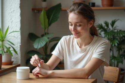 Jeune femme appliquant crème sur cicatrice bras