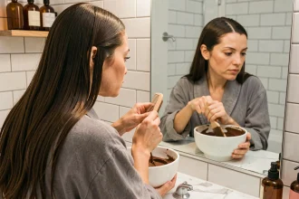 Femme appliquant un soin repigmentant sur cheveux longs bruns devant un miroir de salle de bain