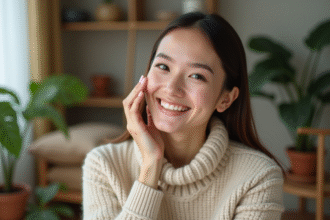 Femme souriante appliquant une creme visage naturelle