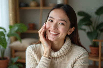 Femme souriante appliquant une creme visage naturelle