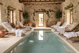 Intérieur d'un spa de luxe en Bourgogne-Franche-Comté avec piscine intérieure chauffée et murs en pierre