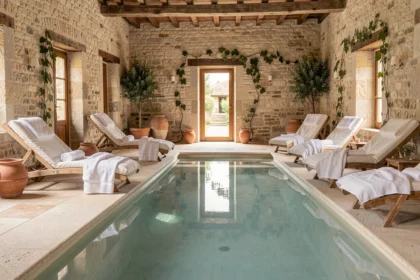 Intérieur d'un spa de luxe en Bourgogne-Franche-Comté avec piscine intérieure chauffée et murs en pierre