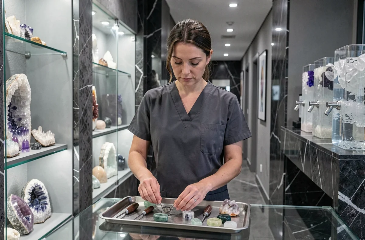 Intérieur du Spa Gemology à l'hôtel voco Beaune avec décor minéral et outils de soins aux pierres précieuses