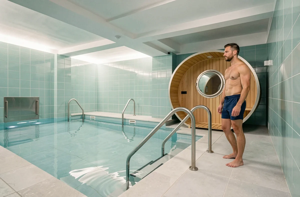 Piscine intérieure contemporaine et espace sauna du Spa Nevers avec carrelage turquoise et architecture épurée