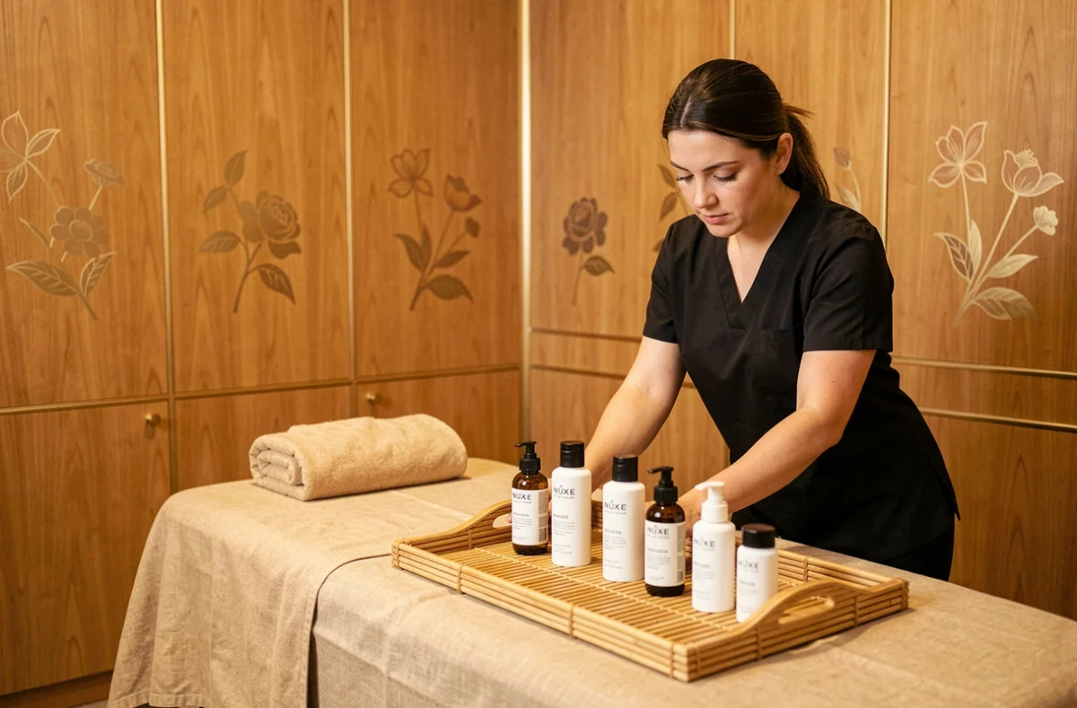 Salle de soin du Spa Nuxe à l'Hostellerie Le Cèdre & Spa de Beaune avec produits de la marque et table de massage