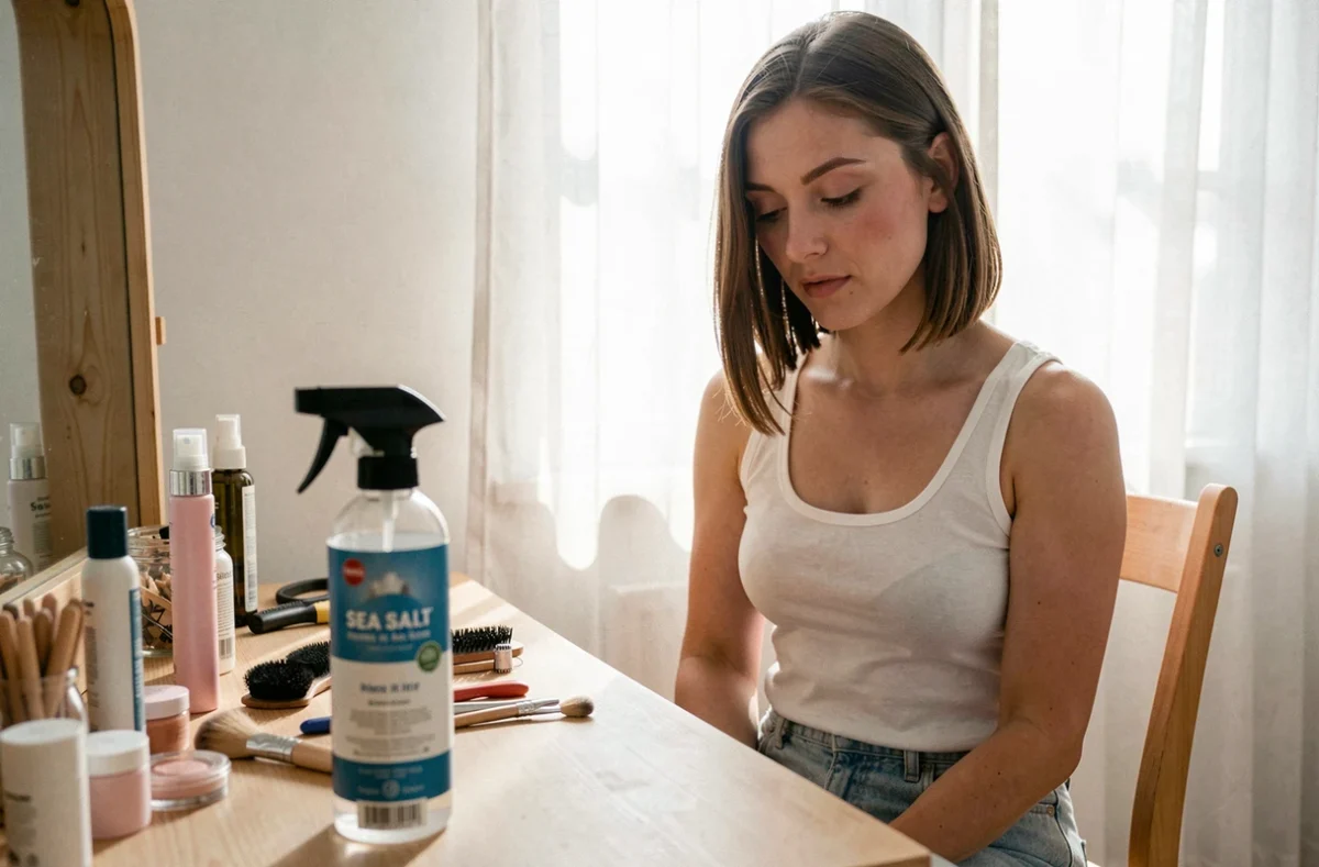 Femme assise devant une coiffeuse avec un spray sea salt en premier plan parmi des produits capillaires