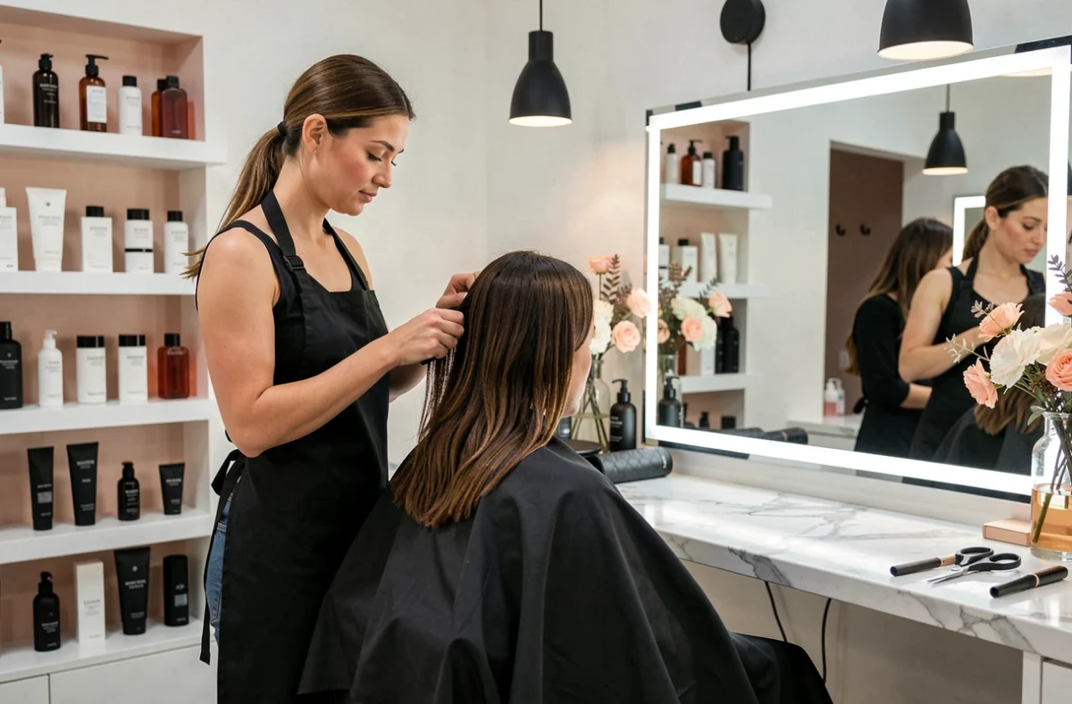 Coiffeuse du Studio Stéphanie D à Marseille réalisant une coupe précise sur une cliente dans un cadre minimaliste et élégant
