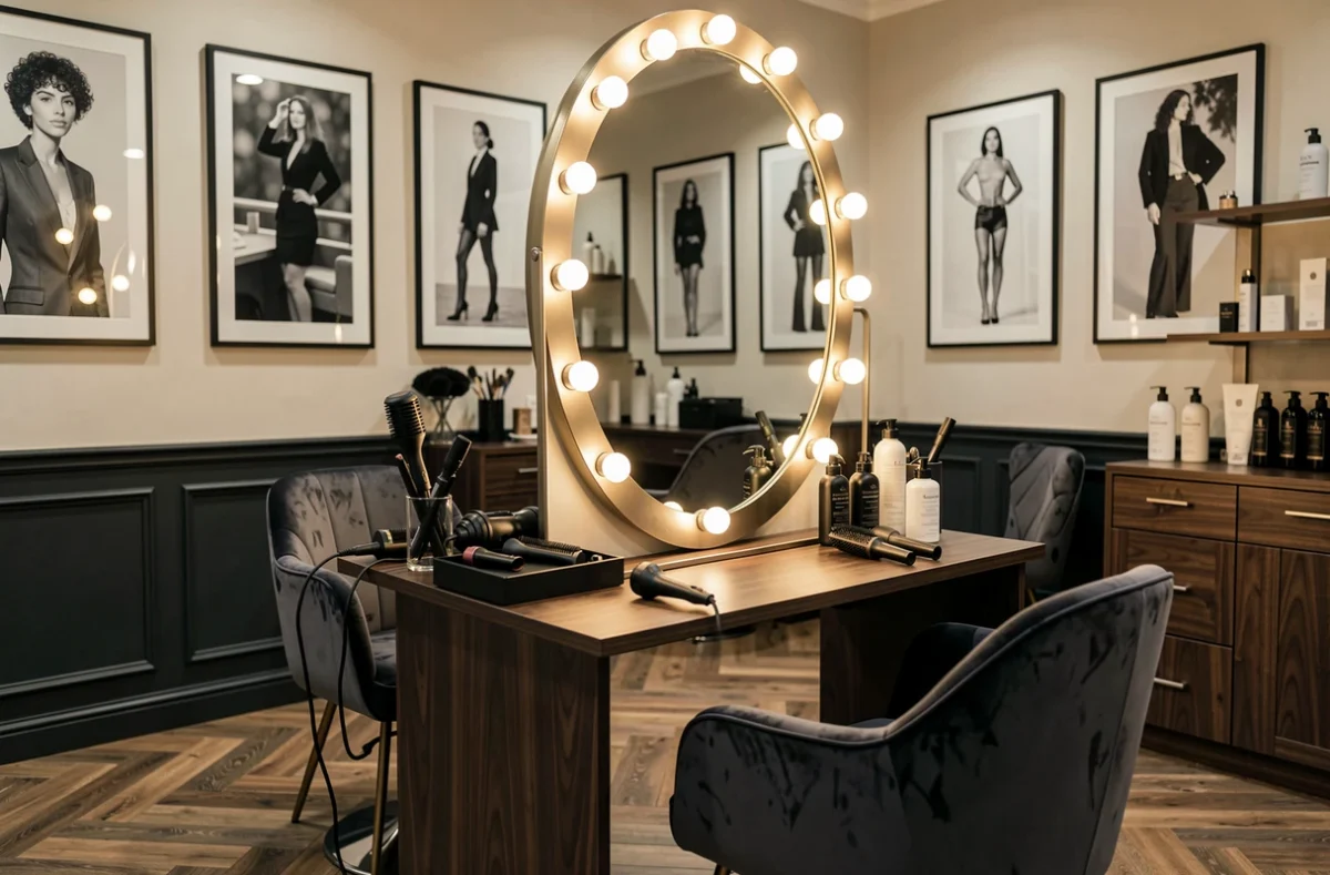 Station de coiffure élégante du Studio Valéria Paul Marseille avec miroir à ampoules et décor raffiné
