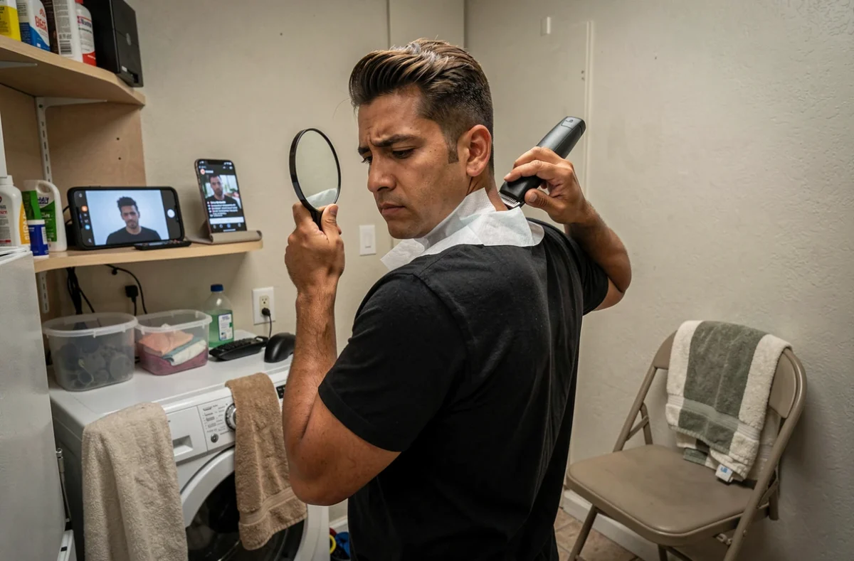 Homme Latino réalisant une taper coupe à domicile dans un espace improvisé en suivant un tutoriel vidéo sur smartphone