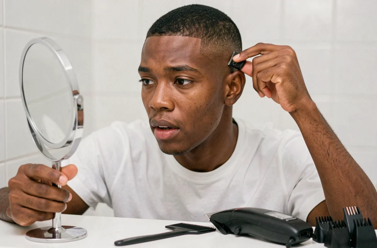 Jeune homme examinant sa taper coupe avec un miroir à main et des outils de coiffure posés sur le comptoir