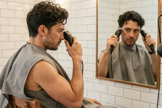Homme réalisant une taper coupe à la maison devant un miroir de salle de bain avec une tondeuse sans fil