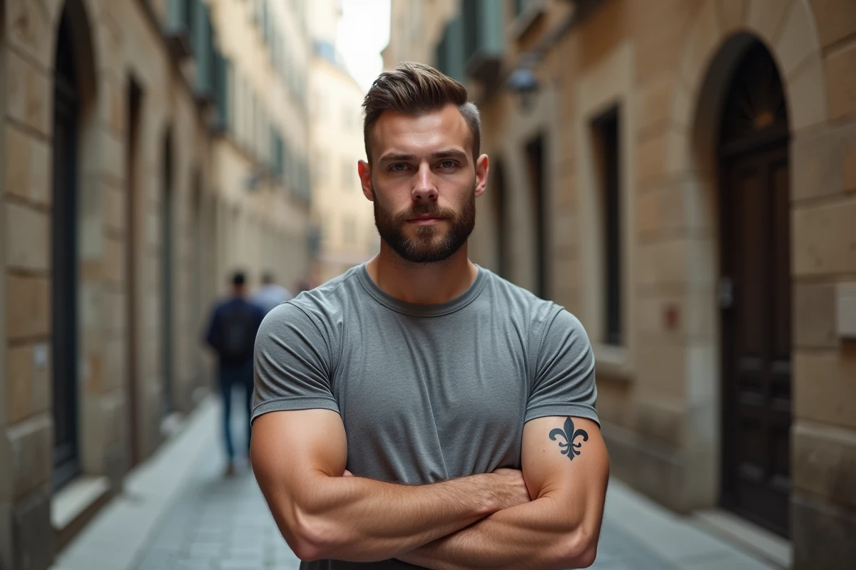 Homme avec tatouage fleur de lys fine ligne sur le bras dans une ruelle pavée européenne
