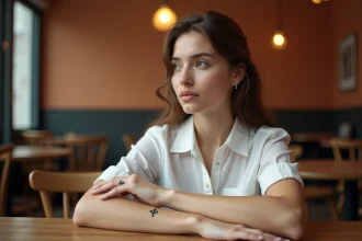 Femme montrant un tatouage minimaliste fleur de lys sur le poignet dans un café parisien