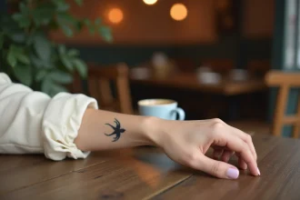 Tatouage hirondelle délicat sur le poignet d'une jeune femme dans un café parisien
