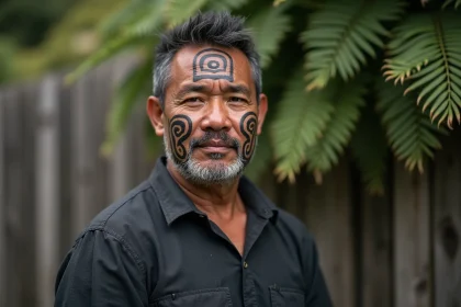 Portrait rapproché d'un homme maori avec un tatouage facial tā moko traditionnel aux motifs spiralés, en extérieur avec fougères néo-zélandaises en arrière-plan flou