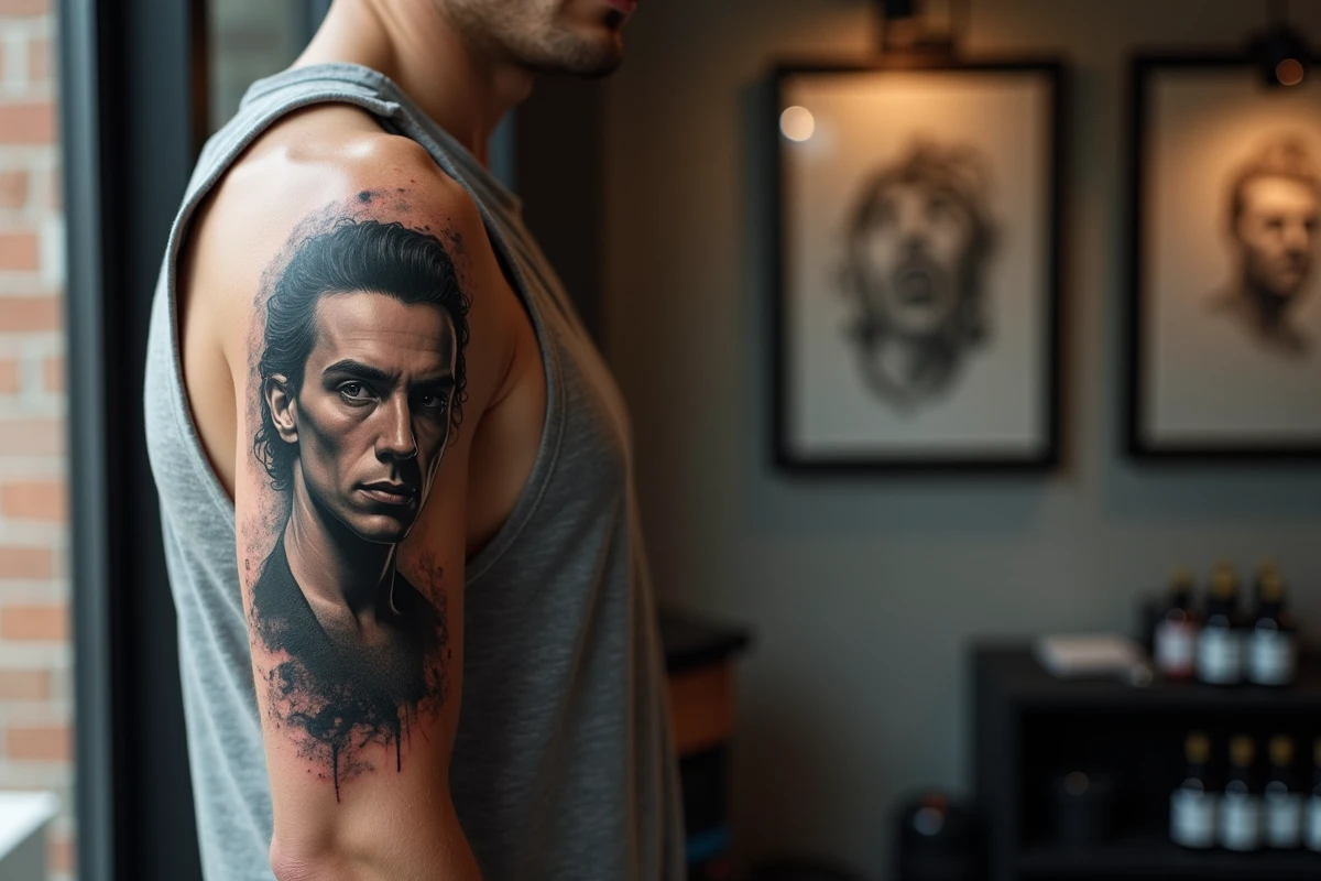 Gros plan d'un tatouage portrait réaliste finalisé sur le bras, réalisé dans un studio de tatouage à Toulouse