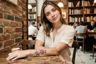 Jeune femme montrant son tatouage rose sur l'avant-bras dans un café parisien vintage