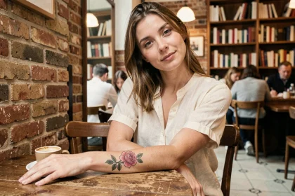Jeune femme montrant son tatouage rose sur l'avant-bras dans un café parisien vintage