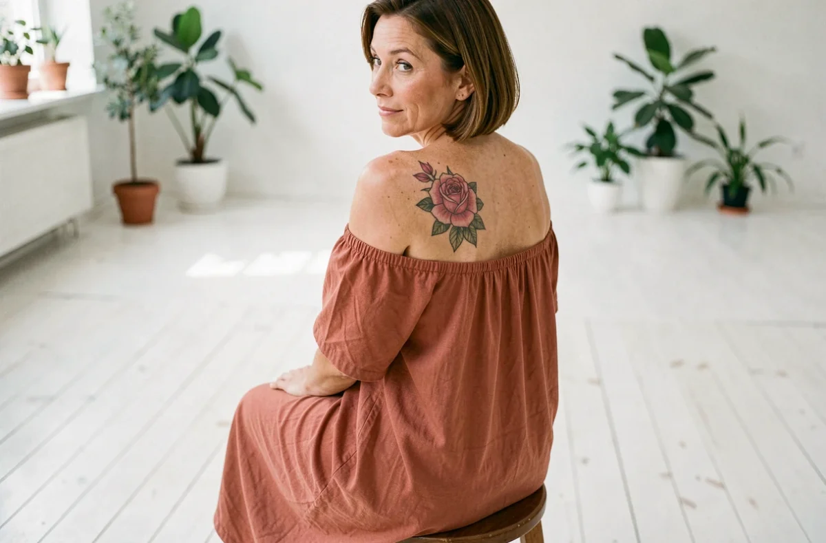 Femme de dos révélant un tatouage rose sur l'omoplate dans un studio lumineux